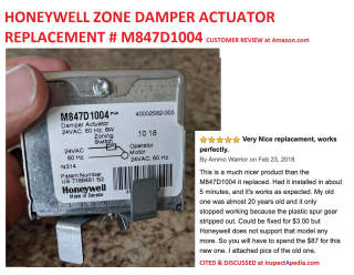 Honeywell M847D1004 Damper Actuator replacement motor sold at Amazon - customer review photo & comment cited & discussed at InspectApedia.com