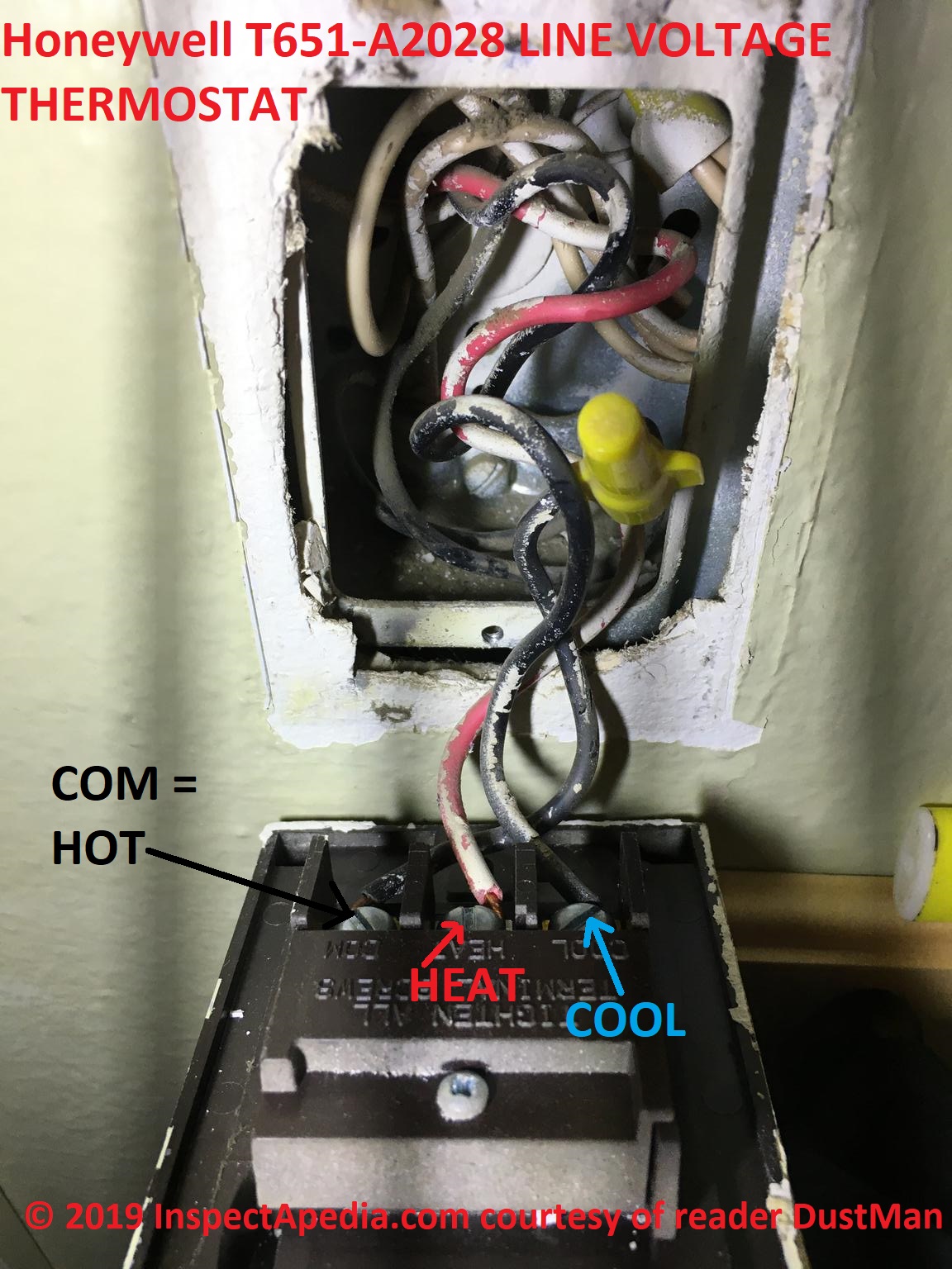 Honeywell Line Voltage Thermostat Wiring Diagram from inspectapedia.com