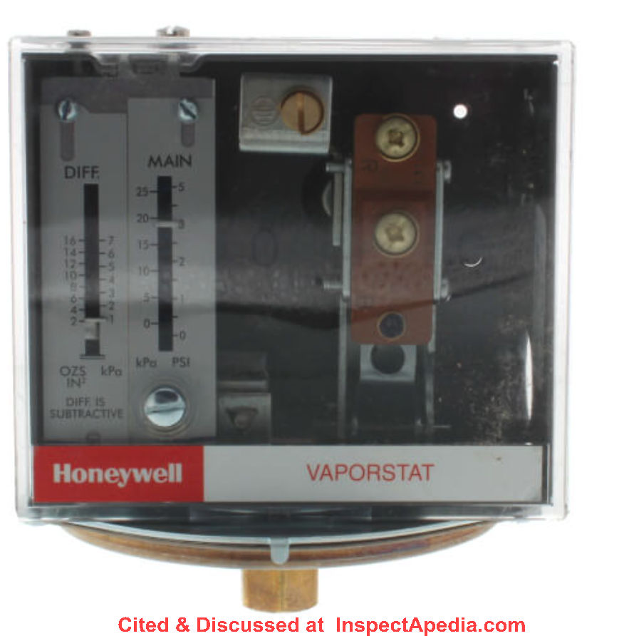 Honeywell Vaporstat steam boiler pressure controller at InspectApedia.com