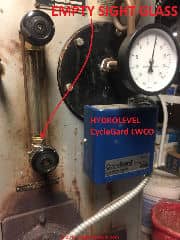 Hydrogard CycleGard LWCO valve on steam boiler showing no water in the sight Glass (C) Inspectapedia.com  Stafford