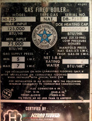 Hydrotherm HI-125 boiler tag - ca 1985 (C) InspectApedia.com WB