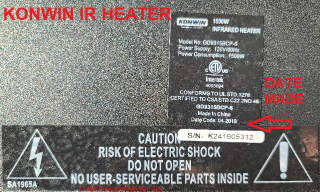 Konwin IR electric heater data tag showing date of manufacture (C) Daniel Friedman at InspectApedia.com