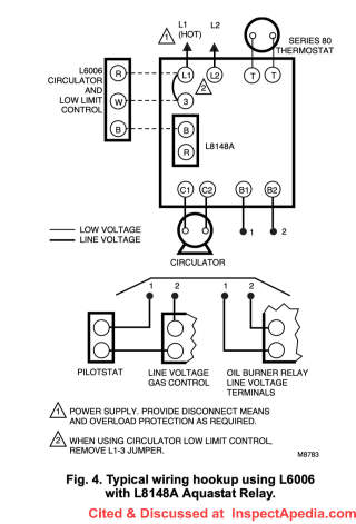 wiring diagram for the L6006 Aquastat when used with the L8148 Aquastat relay.  - cited & discussed at InspectApedia.com
