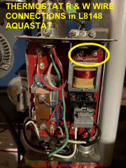 Thermostat R and W wire connections in a Honeywell L8148 Aquastat (C) InspectApedia.com Zach