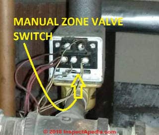 Lever to latch a heating zone valve open manually (C) Inspectapedia.com