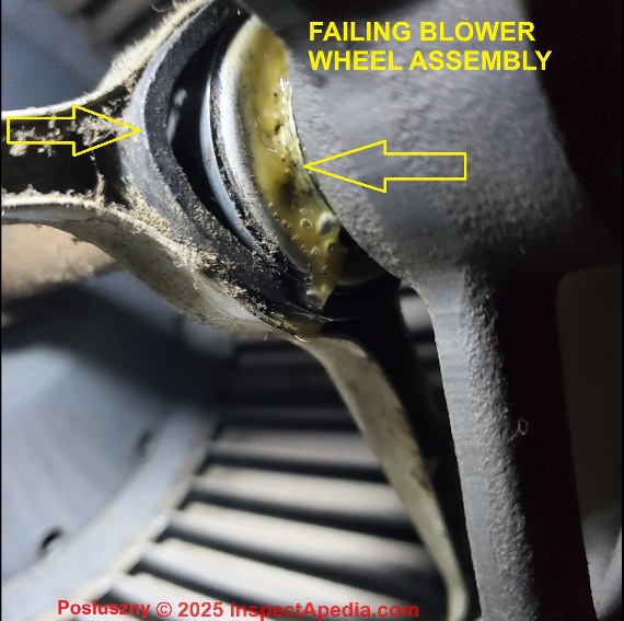 Damaged blower wheel assembly on a Luxaire (similar to Moncrief) gas furnace (C) InspectApedia.com Posluszny