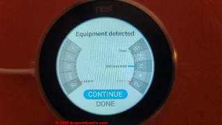 Re-connected, the Nest thermostat reports just what wires it sees as connected (C) Daniel Friedman at InspectApedia.com
