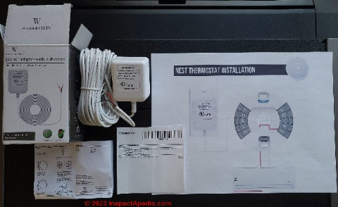 Nest C-Wire transformer and wire kit from Wasserstein installation details (C) InspectApedia.com