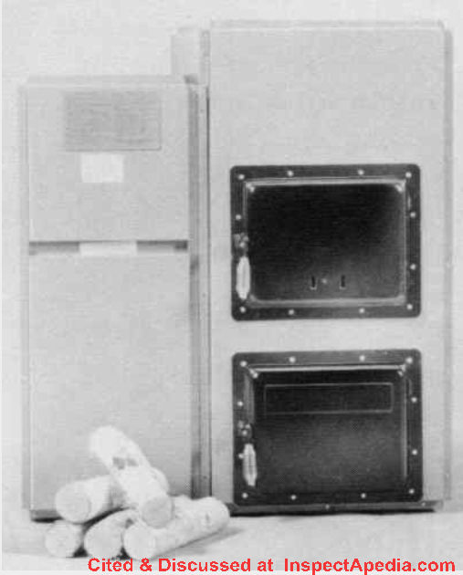 Olsen Duomatic wood furnace cited & discussed at InspectApedia.com