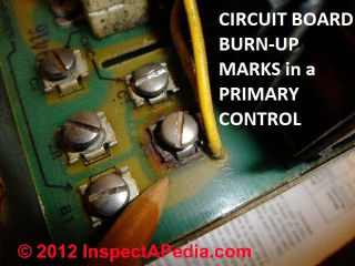 Honeywell L8124A control board burnup © D Friedman at InspectApedia.com 