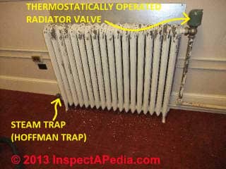 Steam radiator with Hoffman valve steam trap (C) Daniel Friedman at InspectApedia.com