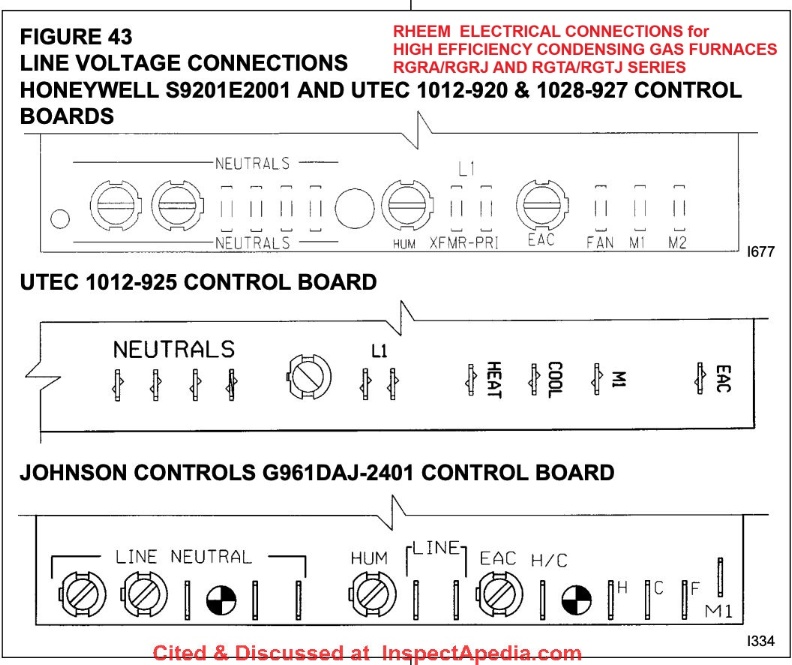 Electrical connections for Rheem High Efficiency Condensing Gas Furnaces RGR RGT series cited & discussed at InspectApedia.com