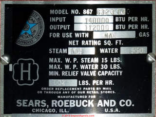 Sears gas boiler data tag, Natural Gas, Model No. 867, Sears Roebuck & Co. (C) InspectApedia.com adapted from reader photo