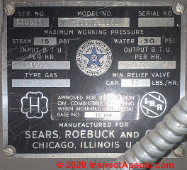 Sears Roebuck Gas Boiler data tag (C) InspectApedia.com Josh H