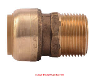SharkBite 3/4 inch copper connector providing male NPT threaded fitting to connect to a heating zone valvce for a no-sweat  zone valve installation (C) InspectApedia.com Sharkbite