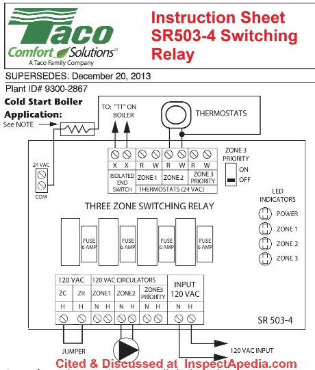 Taco SR503-4 SWITCHING RELAY  wiring detail cited & discussed at InspectApedia.com