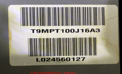 Tempstar Furnace T9MPT100J16A3 data tag (C) InspectApedia.com AJ Maxwell