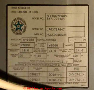 Tempstar condensing gas furnace data tag from 1990, Model No. NULK075DG05 - this is a NULK series - manual found on this page (C) InspectApedia.com Melissa