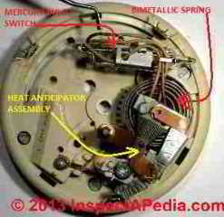 Mercury bulb thermostat in old Honeywell T87A (C) Daniel Friedman at InspectApedia.com
