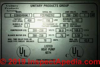 Unitary Products Boiler Data Tag (C) InspectApedia.com