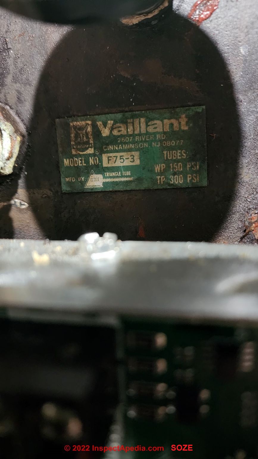 Valliant boiler data tag (C) InspectApedia.com Soze