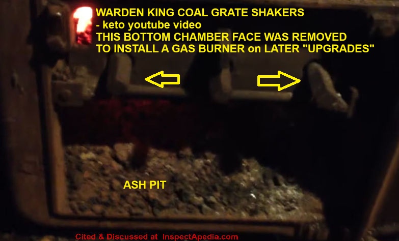Warden King cast iron coal boiler, coal grate at Keto's youtube video, cited & discussed at InspectApedia.com