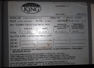 Weather King furnae data tag, Model 14AHJ06S01C01 ca 1989 (C) InspectApedia.com Kristin