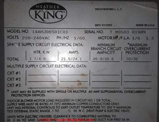 WeatherKing LLC furnace data tag (C) InspectApedia.com Kristin
