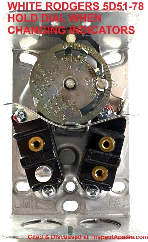 White Rodgers 5D51-78 fan limit control interior with rotating dial settings & instructions at InspectApedia.com
