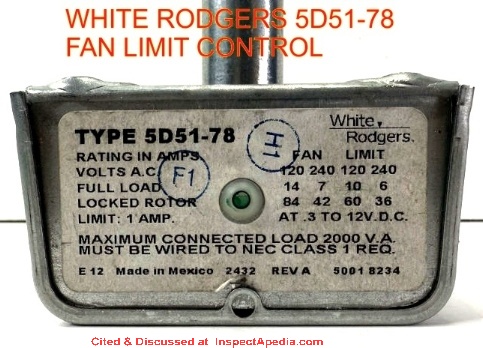 White Rodgers 5D51-78 fan limit control interior with rotating dial settings & instructions at InspectApedia.com