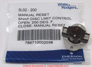 White Rogers  Manual Reset Snap Disc Limit Control L200 3L02-200 from mccombsupply dot com - cited & discussed at InspectApedia.com