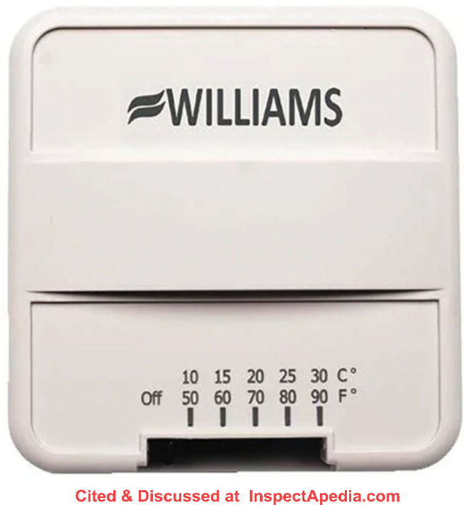 Williams P322016 heater thermostat cited & discussed at InspectApedia.com