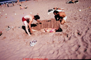 Burying Allison Moody at Old Orchard Beach in 1974 (C) Daniel Friedman at InspectApedia.com