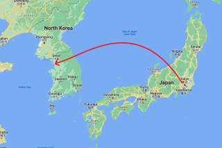 1966 approx. flight path, Yakota AB Japan to Kimpo AB South Korea (C) DF at InspectApedia.com