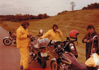 French Canadian bikers in yellow rainsuits with Ken Strout in 1974 (C) Daniel Friedman at InspectApedia.com