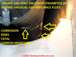 Corroded, leaky gas vent is unsafe, risking carbon monoxide poisoning  