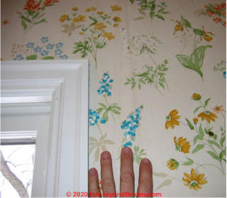 Stains on wallpaper indicate history of leaks traced to ice dams (C) InspectApedia.com and hankeyandbrown.com images used with permission