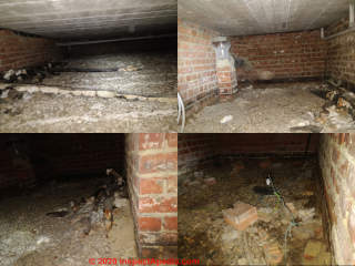 Asbestos corrugated paper pipe insulation in crawl space (C) InspectApedia.com Matt