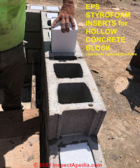 Solid styrofoam inserts to insulate hollow concrete blocks from Universal Construction Foam - cited & discussed at InspectApedia.com