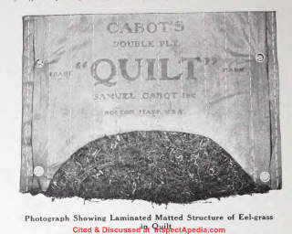 Cabot's Insulating Quilt Eel-Grass insulation or sound deadening blanket cited & discussed at InspectApedia.com