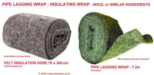 Pipe lagging insulating wrap - wool or recycled fabrics insulating pipes in the UK (and elsewhere) (C) InspectApedia.com