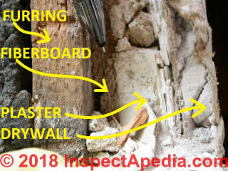 Use of fiberboard, possibly Celotex, as a plaster base in an older home (C) InspectApedia.com Daniel Friedman