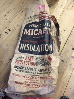 MicaFill vermiculite insulation marketed in the U.S. from Munn and Steele  (C) InspectApedia.com James Patterson
