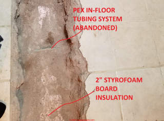 Radiant heat tubing too deep in concrete slab (C) Daniel Friedman InspectApedia.com