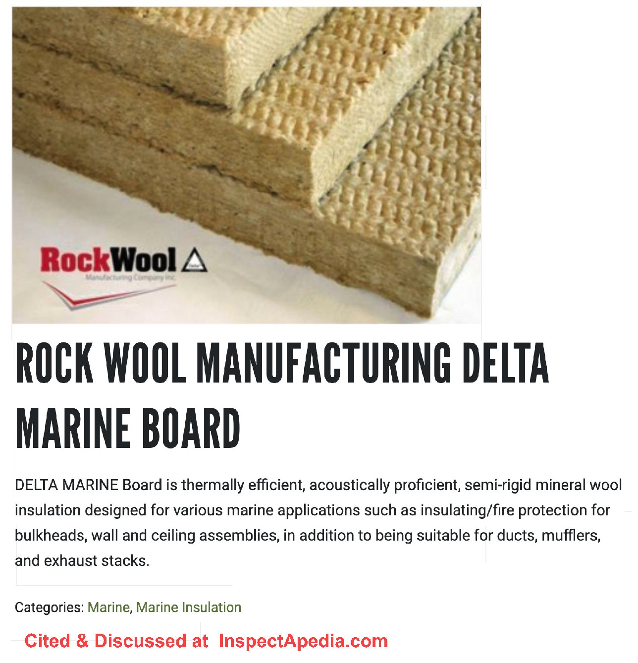 Rock Wool Manufacturing, Delta Marine Board - cited & discussed at InspectApedia.com