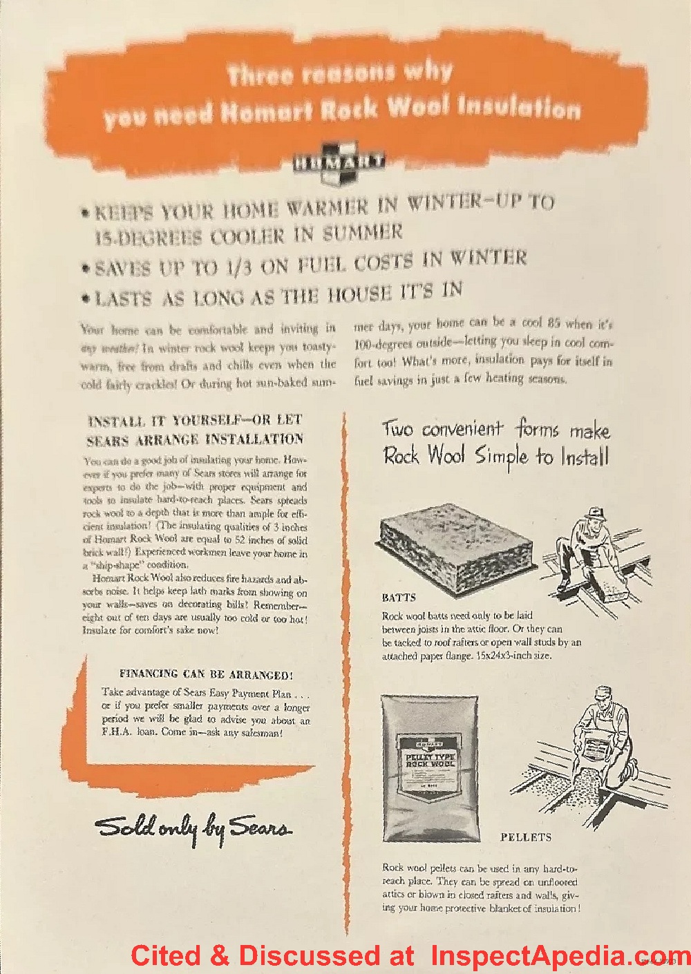 Sears Homart mineral wool sold as pellets or batts ca 1950 - catalog. (C) InspectApedia.com