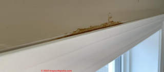 Brown leak stain on gypsum above window frame (C) Inspectapedia Chims