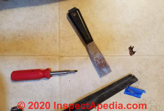 Tools needed to fix damaged ceramic floor tile (C) Daniel Friedman at InspectApedia.com