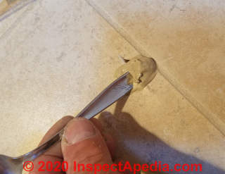 Gently work the grout completely into the damage area leaving no air pockets nor voids (C) Daniel Friedman at InspectApedia.com