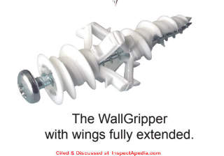 Cobra WallGripper self drilling nylon molly wall anchor cited & discussed at InspectApedia.com